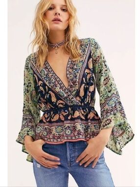 Free People Floral V-Neck Peplum Blouse